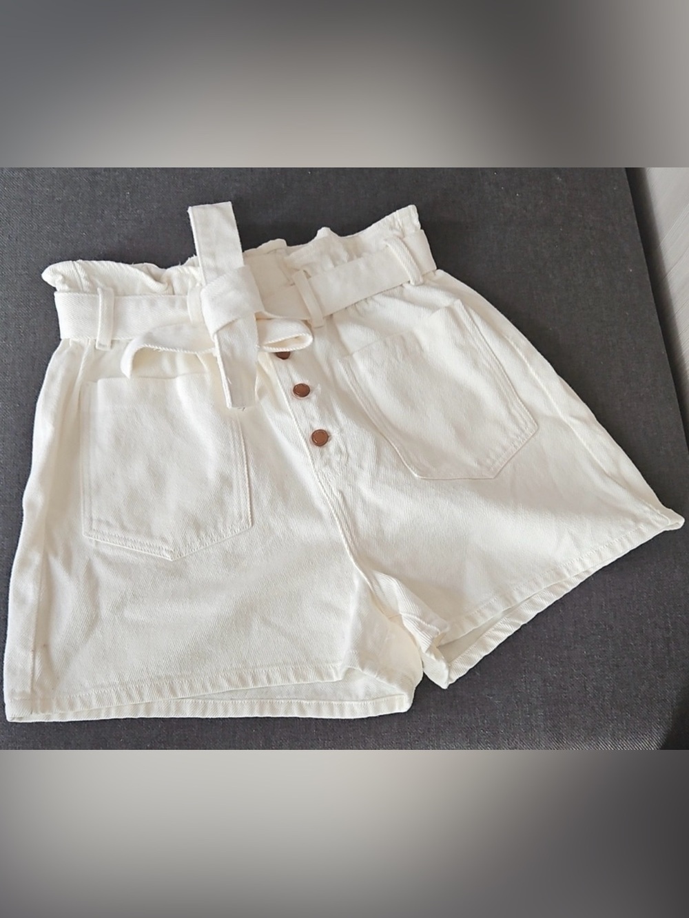 Blank NYC High Waist White Twill Paperbag Shorts with Belt